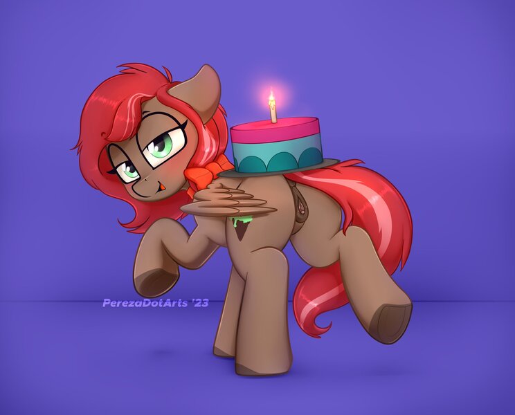 Size: 2048x1651 | Tagged: explicit, artist:perezadotarts, ponerpics import, oc, unofficial characters only, pony, blushing, butt, cake, female, food, image, jpeg, looking back, mare, nudity, vagina