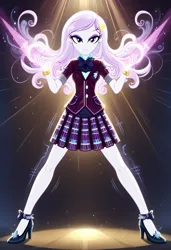 Size: 832x1216 | Tagged: safe, ai content, derpibooru import, machine learning generated, prompter:lobo299, fleur-de-lis, human, equestria girls, g4, background human, clothes, crystal prep academy, crystal prep academy uniform, crystal prep shadowbolts, cutie mark accessory, cutie mark hair accessory, female, hair accessory, hairclip, image, jpeg, legs, miss fleur is trying to seduce us, school uniform, she got legs, shoes, simple background