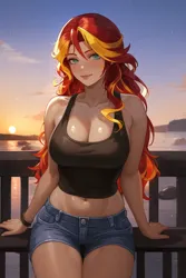 Size: 1024x1536 | Tagged: suggestive, ai content, derpibooru import, machine learning generated, novelai, prompter:someguy845, stable diffusion, sunset shimmer, human, equestria girls, g4, breasts, busty sunset shimmer, clothes, denim, denim shorts, derpibooru exclusive, female, image, looking at you, png, seductive look, sexy, shorts, sitting, solo, solo female, stupid sexy sunset shimmer, sunset, tanktop