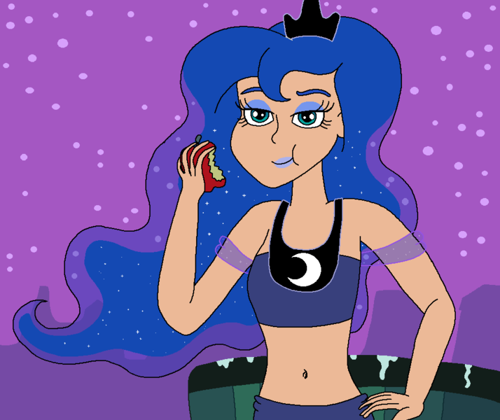 Size: 984x827 | Tagged: safe, artist:ocean lover, derpibooru import, princess luna, human, g4, luna eclipsed, season 2, adorasexy, apple, bare midriff, bare shoulders, beautiful, belly, belly button, blue eyeshadow, blue lipstick, bucket, crown, curvy, cute, eating, elegant, ethereal hair, eyeshadow, food, fruit, halloween, halloween 2024, happy nightmare night, holiday, hourglass figure, house, human coloration, humanized, image, jewelry, lidded eyes, lipstick, looking at you, makeup, midriff, moderate dark skin, ms paint, munching, nightmare night, peytral, png, pretty, princess of the night, purple sky, regalia, scene interpretation, sexy, sleeveless, starry hair, starry night, stars, stupid sexy princess luna, teal eyes, wavy hair