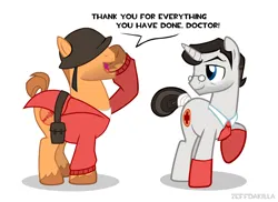 Size: 2000x1455 | Tagged: safe, artist:zeffdakilla, derpibooru import, ponified, earth pony, pony, unicorn, horn, image, implied shipping, looking at someone, male, medic (tf2), png, raised hoof, salute, simple background, smiling, soldier (tf2), speech bubble, talking, team fortress 2, vector, white background