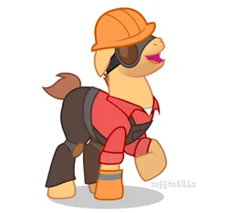 Size: 724x678 | Tagged: safe, artist:zeffdakilla, derpibooru import, ponified, earth pony, pony, clothes, engineer (tf2), gloves, goggles, helmet, image, jpeg, male, overalls, pants, raised hoof, shirt, simple background, smiling, solo, team fortress 2, vector, white background