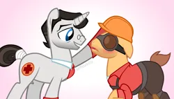 Size: 2545x1454 | Tagged: safe, artist:zeffdakilla, derpibooru import, ponified, earth pony, pony, unicorn, engineer (tf2), gay, horn, image, lifting hat, looking at each other, looking at someone, male, medic (tf2), png, raised hoof, shipping, simple background, smiling, team fortress 2, vector, white background