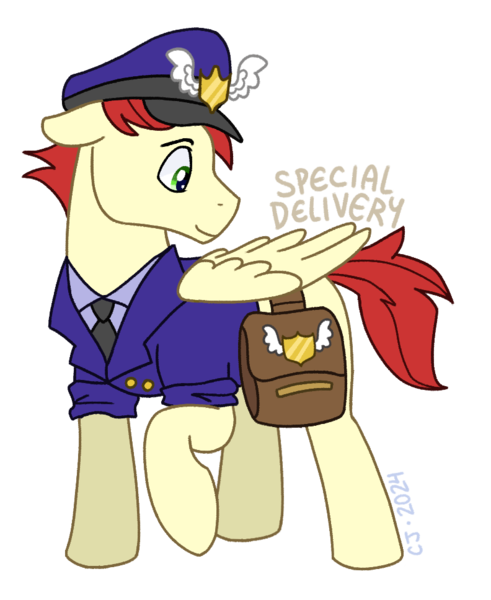 Size: 792x968 | Tagged: safe, artist:raven--splash, derpibooru import, care package, special delivery, pegasus, pony, g4, bag, hat, image, mailpony, mailpony uniform, male, png, simple background, solo, stallion, transparent background