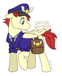 Size: 792x968 | Tagged: safe, artist:raven--splash, derpibooru import, care package, special delivery, pegasus, pony, g4, bag, hat, image, mailpony, mailpony uniform, male, png, simple background, solo, stallion, transparent background