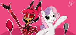 Size: 3200x1500 | Tagged: safe, artist:aldaplayer, derpibooru import, sweetie belle, demon, pony, unicorn, g4, alastor, crossover, duo, duo male and female, female, hazbin hotel, hellaverse, horn, image, male, microphone, open mouth, open smile, png, sinner demon, smiling