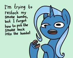 Size: 2048x1631 | Tagged: safe, artist:ewoudcponies, derpibooru import, trixie, pony, unicorn, g4, bust, dialogue, female, green background, horn, image, mare, open mouth, png, simple background, smoke bomb, solo, talking to viewer