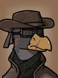 Size: 540x720 | Tagged: safe, artist:blakasmoko, derpibooru import, oc, gryphon, equestria at war mod, bounty hunter, bust, cowboy hat, duster, goggles, griffon oc, hat, image, png, portrait, scar