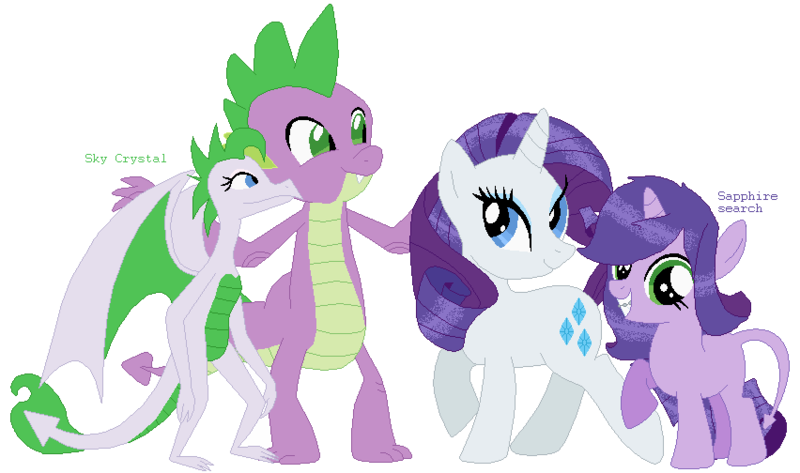 Size: 852x504 | Tagged: safe, artist:lovrgrlforevr, derpibooru import, rarity, spike, oc, oc:sapphire search, oc:sky crystal, dracony, dragon, hybrid, pony, unicorn, adult, adult spike, base used, family, female, filly, foal, grin, horn, image, interspecies offspring, male, mare, offspring, older, older spike, parent:rarity, parent:spike, parents:sparity, png, shipping, simple background, smiling, sparity, straight, transparent background, wingless spike