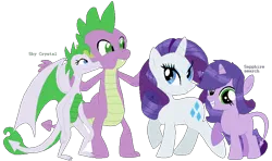 Size: 852x504 | Tagged: safe, artist:lovrgrlforevr, derpibooru import, rarity, spike, oc, oc:sapphire search, oc:sky crystal, dracony, dragon, hybrid, pony, unicorn, adult, adult spike, base used, family, female, filly, foal, grin, horn, image, interspecies offspring, male, mare, offspring, older, older spike, parent:rarity, parent:spike, parents:sparity, png, shipping, simple background, smiling, sparity, straight, transparent background, wingless spike