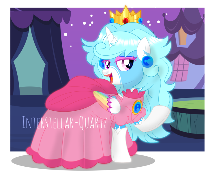 Size: 4591x3747 | Tagged: safe, artist:csillaghullo, artist:interstellar-quartz, artist:mint-light, derpibooru import, oc, oc:jemimasparkle, unofficial characters only, alicorn, pony, base used, clothes, colored wings, crown, cute, dress, ear piercing, earring, evening gloves, eyeshadow, female, gloves, gown, image, jewelry, lidded eyes, lipstick, long gloves, makeup, mare, multicolored wings, nightmare night, ocbetes, open mouth, open smile, piercing, png, princess peach, rainbow wings, regalia, smiling, super mario bros., wings