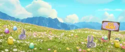 Size: 4096x1716 | Tagged: safe, derpibooru import, official, bird, rabbit, g5, my little pony: make your mark, animal, cloud, day, english, g5 brand assets, image, meadow, mountain, mountain range, no pony, outdoors, png, scenery, sky