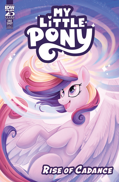 Size: 2063x3131 | Tagged: safe, artist:natalie haines, derpibooru import, idw, official, princess cadance, alicorn, pony, g4, belly, comic cover, concave belly, cover, cover art, cute, english, feather, female, flowing mane, flowing tail, fluffy, flying, happy, high res, horn, image, large wings, looking up, magic, mare, multicolored mane, multicolored tail, my little pony logo, official comic, open mouth, open smile, partially open wings, pink eyes, png, slender, smiling, solo, sparkles, spread wings, tail, thin, upcoming, wind, windswept mane, wings