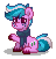 Size: 192x204 | Tagged: safe, derpibooru import, oc, oc:frigid flower, unofficial characters only, earth pony, pony, pony town, g4, blue hair, blue mane, blue tail, clothes, digital art, earth pony oc, freckles, hooves, image, male, pink coat, pixel art, png, raised hoof, red eyes, red hooves, scarf, simple background, sitting, solo, stallion, tail, transparent background