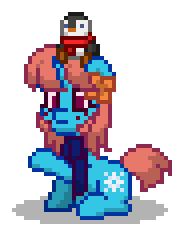 Size: 184x236 | Tagged: safe, derpibooru import, oc, oc:arctic freeze, unofficial characters only, bird, penguin, pony, unicorn, pony town, g4, blue coat, clothes, digital art, female, flower, flower in hair, freckles, horn, image, mare, orange hair, orange mane, orange tail, pixel art, png, raised hoof, red eyes, scarf, simple background, sitting, solo, tail, transparent background, unicorn oc