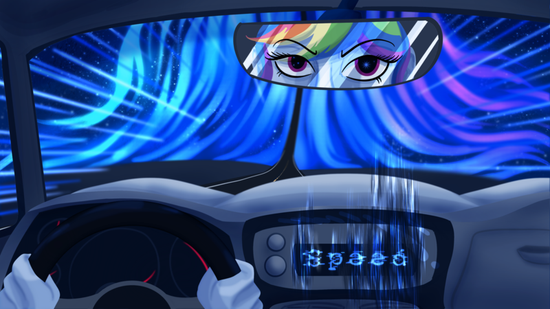 Size: 3600x2025 | Tagged: safe, artist:sixes&sevens, derpibooru import, rainbow dash, fanfic, equestria girls, g4, aurora borealis, car, driving, fanfic art, fanfic cover, image, looking at you, looking back, looking back at you, mirror, night, png, radio, rearview mirror, reflection, road, solo, static