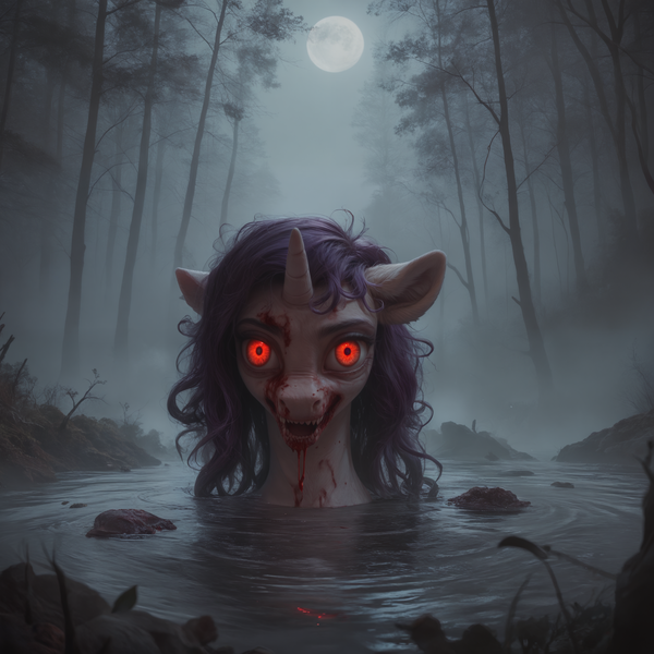 Size: 2432x2432 | Tagged: semi-grimdark, ai content, derpibooru import, machine learning generated, prompter:star-dragon, stable diffusion, rarity, monster pony, pony, unicorn, series:monsters of the everfree forest, g4, blood, female, fog, forest, full moon, generator:pony diffusion v6 xl, horn, image, mare, monster, moon, nature, night, outdoors, png, red eyes, sharp teeth, solo, teeth, tree, water