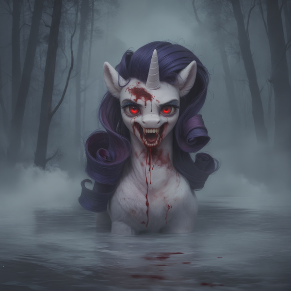 Size: 2432x2432 | Tagged: semi-grimdark, ai content, derpibooru import, machine learning generated, prompter:star-dragon, stable diffusion, rarity, monster pony, pony, unicorn, series:monsters of the everfree forest, g4, blood, female, fog, forest, generator:pony diffusion v6 xl, horn, image, mare, monster, nature, night, outdoors, png, red eyes, sharp teeth, solo, teeth, tree, water