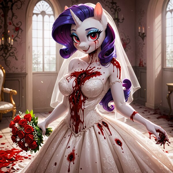 Size: 1248x1248 | Tagged: semi-grimdark, ai content, derpibooru import, machine learning generated, prompter:ramaca, rarity, anthro, pony, unicorn, bad end, blood, bouquet of flowers, clothes, dress, female, flower, horn, image, implied death, implied gabby, implied spike, jpeg, marriage, offscreen character, smiling, solo, solo female, wedding, wedding dress