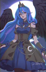 Size: 900x1412 | Tagged: safe, artist:gongxiao zao, derpibooru import, princess luna, human, bowtie, chains, clothes, corset, cowboy shot, detached collar, dress, female, fingerless gloves, full moon, gloves, humanized, image, jpeg, looking at you, moon, multicolored hair, signature, solo, starry night, weibo, winged humanization, wings