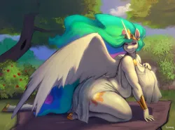 Size: 1647x1222 | Tagged: suggestive, artist:tussamag48, derpibooru import, princess celestia, anthro, pony, g4, bbw, big breasts, blanket, breasts, busty princess celestia, butt, chubbylestia, clothes, crown, cutie mark, cutie mark on anthro, eyeshadow, fat, female, hand on breast, high res, hoof feet, hooves, image, jewelry, lidded eyes, looking at you, makeup, mare, nail polish, outdoors, png, regalia, seductive pose, see-through, solo, solo female, sunbutt, white dress, wings