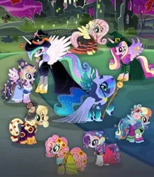 Size: 1080x1240 | Tagged: safe, derpibooru import, applejack, fluttershy, pinkie pie, princess cadance, princess celestia, princess luna, rainbow dash, rarity, twilight sparkle, twilight sparkle (alicorn), alicorn, earth pony, pegasus, pony, unicorn, g4, beautiful, bone, cloak, clothes, costume, cute, dressup, female, gameloft, halloween, halloween 2024, halloween costume, hat, holiday, horn, image, jpeg, makeup, mane six, mare, skeleton, witch, witch hat