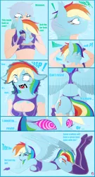 Size: 1920x3566 | Tagged: suggestive, artist:skyspeardraw, ponerpics import, rainbow dash, anthro, human, bikini, breasts, butt, clothes, dialogue, fingerless gloves, gloves, hypnosis, image, jpeg, latex, latex socks, living latex, lying down, open mouth, socks, swimsuit, transformation