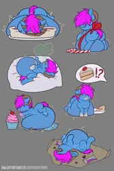 Size: 4000x6000 | Tagged: suggestive, artist:owloffortune, derpibooru import, oc, oc:bliss, oc:puffy bliss, earth pony, pony, belly, big belly, burp, chibi, clothes, commission, cupcake, eating, fat, fat fetish, fetish, food, goat horns, hair over eyes, high res, horns, huge belly, image, impossibly large belly, png, scarf, solo, speech bubble, stomach noise, stuffed belly, your character here