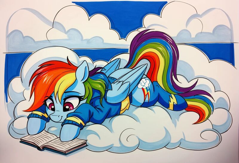 Size: 2104x1440 | Tagged: safe, ai content, derpibooru import, machine learning generated, stable diffusion, rainbow dash, pegasus, pony, g4, book, clothes, cloud, cute, female, folded wings, generator:pony diffusion v6 xl, image, jacket, jpeg, lying down, lying on a cloud, mare, on a cloud, prompter:siber, prone, reading, socks, solo, thigh highs, wings, wonderbolts