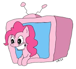 Size: 777x701 | Tagged: safe, artist:umsx, derpibooru import, pinkie pie, earth pony, pony, g4, best pony, bloodshot eyes, breaking the fourth wall, female, fourth wall, image, mare, pizza tower, png, reference, simple background, smiling, solo, style emulation, television