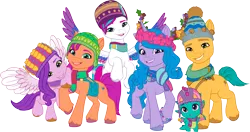 Size: 10304x5443 | Tagged: safe, derpibooru import, official, hitch trailblazer, izzy moonbow, pipp petals, sparky sparkeroni, sunny starscout, zipp storm, dragon, earth pony, pegasus, pony, unicorn, g5, my little pony: make your mark, .ai available, female, g5 brand assets, group, horn, image, male, mane five, mane stripe sunny, mare, png, royal sisters (g5), sextet, siblings, simple background, sisters, stallion, transparent background, vector, winter wishday