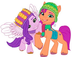 Size: 5950x4749 | Tagged: safe, derpibooru import, official, pipp petals, sunny starscout, earth pony, pegasus, pony, g5, my little pony: make your mark, .ai available, duo, duo female, female, g5 brand assets, image, mane stripe sunny, mare, png, simple background, transparent background, vector, winter wishday