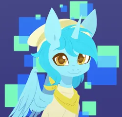 Size: 2787x2667 | Tagged: safe, artist:belka-sempai, derpibooru import, oc, oc:lumiere eleve, unofficial characters only, pegasus, pony, blue mane, clothes, folded wings, hat, image, looking at you, not alicorn, pegasus oc, png, scarf, square, wings, yellow eyes