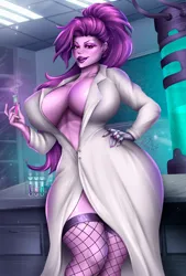 Size: 2025x3000 | Tagged: suggestive, artist:ashimaroo, derpibooru import, oc, oc:nebula the dragon, human, breasts, clothes, commission, image, jpeg, lab coat, offspring, parent:sci-twi, parent:spike, scientist, solo