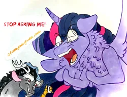 Size: 749x568 | Tagged: safe, artist:thesilentguardian87, derpibooru import, discord, twilight sparkle, twilight sparkle (alicorn), alicorn, g4, three's a crowd, angry, crayon drawing, discord being discord, duo, duo male and female, female, glass, glass of water, image, jpeg, male, smiling, smirk, traditional art, twilight sparkle is not amused, unamused, yelling