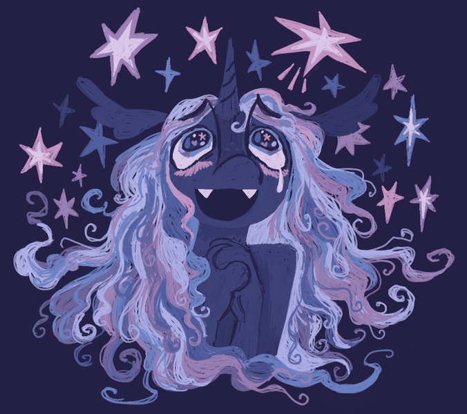 Size: 1108x983 | Tagged: safe, artist:peaceandlove26, derpibooru import, princess luna, alicorn, anthro, pony, g4, alternate mane color, blue coat, blue eyes, blushing, bust, crying, curly mane, ethereal mane, eyebrows, eyebrows visible through hair, fangs, female, floppy ears, freckles, hands together, image, implied lesbian, implied shipping, implied twilight sparkle, implied twiluna, lineless, long ears, long mane, looking up, mare, open mouth, open smile, png, smiling, solo, starry background, starry eyes, stars, white-haired luna, wingding eyes