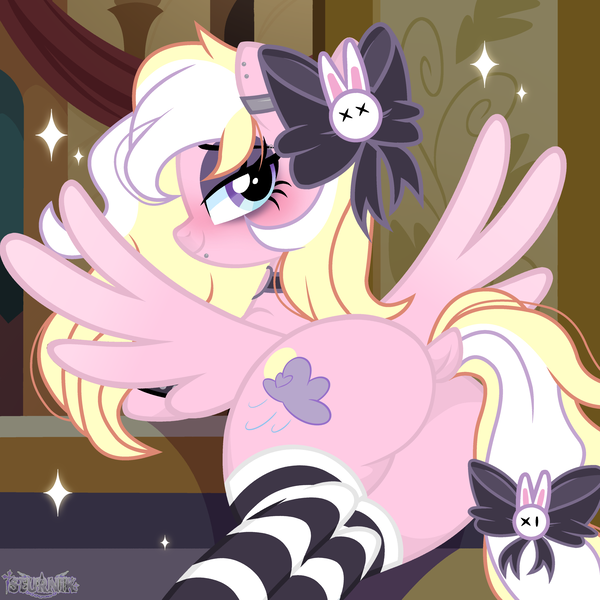 Size: 3000x3000 | Tagged: suggestive, alternate version, artist:ghostpikachu, derpibooru import, oc, oc:bay breeze, unofficial characters only, pegasus, pony, g4, anatomically correct, base artist:seurnik, base used, blushing, bow, butt, clothes, collar, counter, derpibooru exclusive, dock, ear piercing, eyebrow piercing, eyeliner, eyeshadow, female, goth, hair bow, image, indoors, jewelry, lip piercing, looking at you, looking back, looking back at you, makeup, mare, necklace, nudity, piercing, plot, png, presenting, raised tail, show accurate, snake bites, socks, solo, spread wings, striped socks, tail, vulva, wings