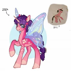 Size: 2048x2048 | Tagged: safe, artist:ametff3, derpibooru import, oc, unnamed oc, alicorn, pony, alicorn oc, blue eyes, braid, braided tail, butterfly wings, coat markings, colored horn, colored pinnae, countershading, eye markings, eyelashes, facial markings, female, female oc, glimmer wings, gradient legs, gradient mane, hair tie, high res, horn, image, jpeg, leg markings, looking back, mane tie, mare, mare oc, mealy mouth (coat marking), pale belly, pale muzzle, pink coat, purple mane, purple tail, raised hoof, redraw, shiny eyes, signature, simple background, smiling, solo, spread wings, standing on three hooves, star (coat marking), tail, tail tie, tied mane, tied tail, traditional art, transparent wings, unicorn horn, white background, wings