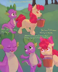 Size: 1300x1600 | Tagged: safe, artist:abbytabbys, derpibooru import, apple bloom, spike, dragon, earth pony, pony, g4, alternate universe, apple, apple bloom's bow, blue sky, bow, broken destiny au, bucket, colored belly, colored eyebrows, colored hooves, colored pupils, day, dialogue, duo, duo male and female, eyebrows, eyes closed, fangs, female, filly, foal, food, grass, green eyes, green pupils, green text, hair accessory, hair bow, hill, holding, hooves, image, jpeg, looking at each other, looking at someone, looking away, male, mane accessory, mouth hold, open mouth, open smile, orange pupils, outdoors, pale belly, pink bow, pink hooves, profile, purple scales, raised claw, raised eyebrow, red mane, red tail, scaled underbelly, scales, smiling, sweet apple acres, tail, talking, three quarter view, tree, unshorn fetlocks, walking, worried, yellow coat, yellow eyes, yellow text