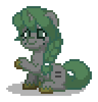 Size: 192x200 | Tagged: safe, derpibooru import, oc, oc:emerald deltas, unofficial characters only, pony, unicorn, pony town, g4, braid, digital art, equal cutie mark, equality, equalized, female, freckles, gray coat, green eyes, green hair, green mane, green tail, hooves, horn, image, male to female, mane tie, mare, our town, paint, painted, pixel art, png, raised hoof, rule 63, simple background, sitting, solo, tail, trans female, transgender, transgender oc, transparent background, unicorn oc, yellow hooves