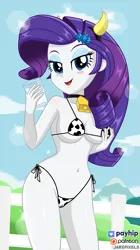 Size: 545x970 | Tagged: suggestive, artist:jakepixels, derpibooru import, rarity, cow, human, equestria girls, g4, bedroom eyes, bell, bikini, blushing, breasts, cameltoe, clothes, cow horns, cowbell, cowkini, cowprint, fake horn, glass, glass of milk, hand on breasts, horns, image, looking at you, milk, png, raricow, sparkles, species swap, string bikini, swimsuit