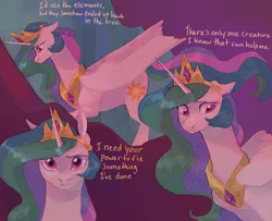 Size: 1600x1300 | Tagged: safe, artist:abbytabbys, derpibooru import, part of a set, princess celestia, alicorn, pony, g4, alternate universe, broken destiny au, colored pupils, crown, dialogue, ethereal mane, eyelashes, facing you, feathered wings, female, flowing mane, folded wings, frown, horn, image, implied elements of harmony, implied lord tirek, jewelry, jpeg, long horn, looking down, mare, multicolored mane, multiple angles, offscreen character, peytral, profile, purple eyes, regalia, shiny mane, solo, talking, tartarus, thinking, this will not end well, three quarter view, tiara, unicorn horn, wavy mane, white coat, wings, yellow text