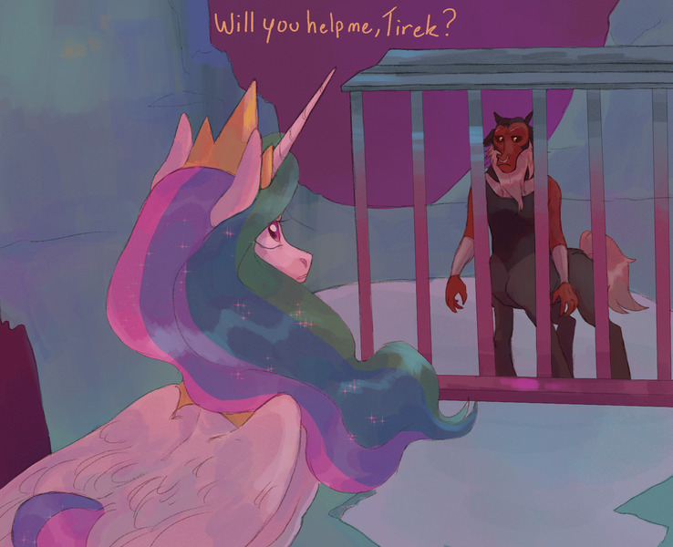 Size: 1600x1300 | Tagged: safe, artist:abbytabbys, derpibooru import, part of a set, lord tirek, princess celestia, alicorn, centaur, pony, taur, g4, alternate universe, beard, black fur, black sclera, broken destiny au, cage, colored pupils, crown, cuffs, dialogue, duo, duo male and female, ethereal mane, eyelashes, facial hair, feathered wings, female, flowing mane, frown, frowning at each other, gray tail, horn, image, jewelry, jpeg, long horn, looking at each other, looking at someone, male, mare, multicolored mane, nose piercing, nose ring, peytral, piercing, purple eyes, red skin, regalia, septum piercing, shiny mane, shiny tail, standing, talking, tartarus, this will not end well, tiara, unicorn horn, wavy mane, white coat, wings, yellow text