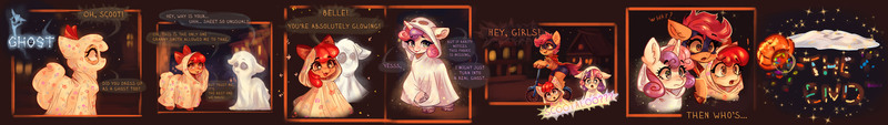 Size: 18409x2606 | Tagged: safe, artist:polnocnykot, derpibooru import, apple bloom, scootaloo, sweetie belle, earth pony, ghost, ghost pony, pegasus, pony, undead, unicorn, g4, bedsheet ghost, bedsheets, bow, candy, clothes, comic, costume, cute, cutealoo, cutie mark crusaders, detailed, dialogue, ear fluff, female, filly, floppy ears, foal, food, ghost costume, glow, group, hair bow, halloween, halloween costume, holiday, horn, image, jack-o-lantern, jpeg, mask, night, nightmare night, open mouth, open smile, pumpkin, pumpkin bucket, scooter, shocked, smiling, speech bubble, stars, superhero, superhero costume, talking, text, unshorn fetlocks