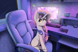 Size: 1280x854 | Tagged: oc name needed, safe, artist:natanvok, derpibooru import, oc, unofficial characters only, pony, unicorn, bookshelf, chair, clock, computer, computer mouse, computer screen, digital clock, evening, female, headphones, headset, horn, image, keyboard, long horn, looking at you, mare, microphone, mousepad, office chair, png, side view, solo, sticky note, unshorn fetlocks, yellow eyes