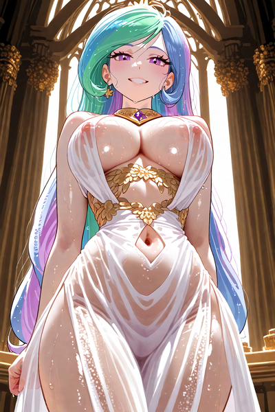 Size: 896x1344 | Tagged: questionable, ai content, derpibooru import, editor:sammykun, machine learning generated, princess celestia, human, g4, arm bracelet, belly, belly button, big breasts, breasts, busty princess celestia, choker, cleavage, clothes, cutie mark, cutie mark on clothes, dress, ear piercing, earring, female, glossy, gold, humanized, image, jewelry, jpeg, long hair, looking at you, looking down, looking down at you, low angle, nipples, nudity, palace, piercing, prompter:sammykun, see-through, serious, serious face, smiling, smiling at you, solo, stupid sexy celestia, wet, wet clothes, wet hair, white dress, wide hips