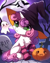 Size: 1406x1754 | Tagged: safe, artist:airiniblock, derpibooru import, sweetie belle, bat, ghost, pony, undead, unicorn, g4, clothes, gravestone, halloween, holiday, horn, image, moon, png, pumpkin, raffle, sky, socks, solo, striped socks, tree