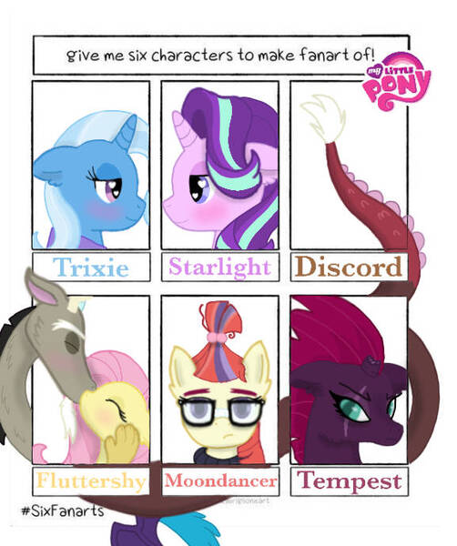 Size: 577x689 | Tagged: safe, artist:froggycrystals, derpibooru import, discord, fluttershy, moondancer, starlight glimmer, tempest shadow, trixie, six fanarts, g4, discoshy, female, image, jpeg, male, shipping, straight