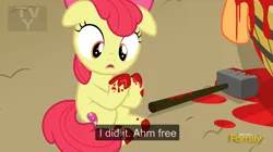 Size: 7079x3964 | Tagged: grimdark, artist:sollace, derpibooru import, edit, edited screencap, screencap, apple bloom, applejack, earth pony, pony, g4, on your marks, blood, bloody hooves, caption, derpibooru exclusive, discovery family, discovery family logo, fake screencap, female, filly, floppy ears, foal, hammer, image, logo, meme, murder, open mouth, png, sitting, sledgehammer, solo, vector, youtube caption