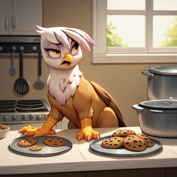 Size: 1024x1024 | Tagged: safe, ai content, anonymous prompter, derpibooru import, machine learning generated, gilda, gryphon, g4, beak, chocolate chip cookie, cookie, food, image, indoors, kitchen, open beak, open mouth, oven, png, pot, solo, tray, window